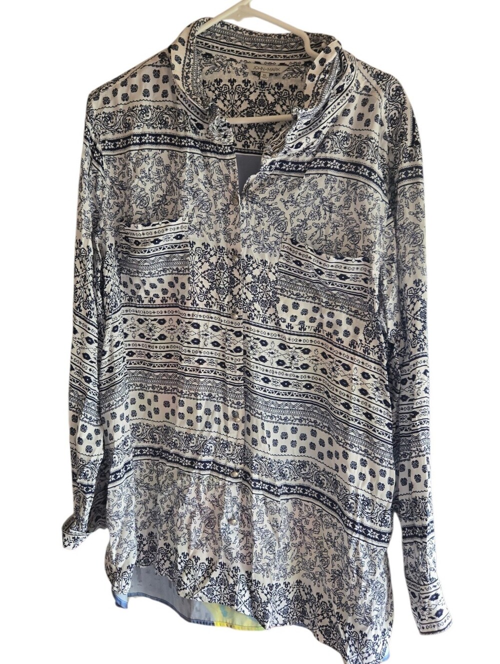 John Mark Navy and White Printed Long-Sleeve Blouse